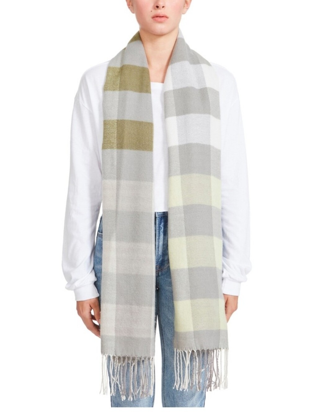 Steve Madden Gray & Pale Green Plaid Fringe Scarf. NWT Gift Fall Winter